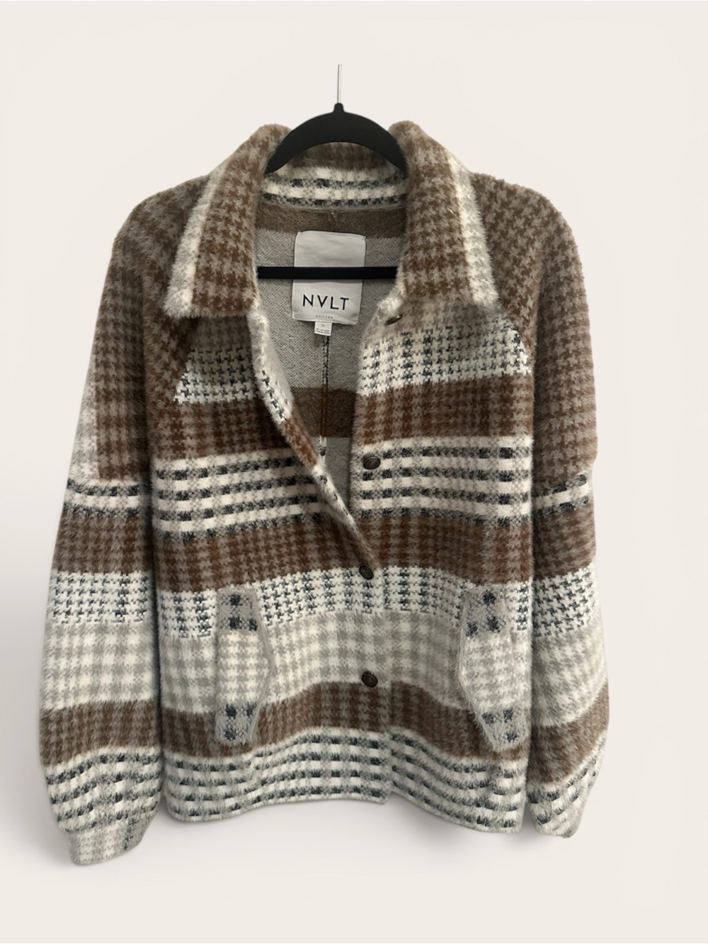 NVLT Brown Cream Plaid Eyelash Bomber Jacket MSRP $169